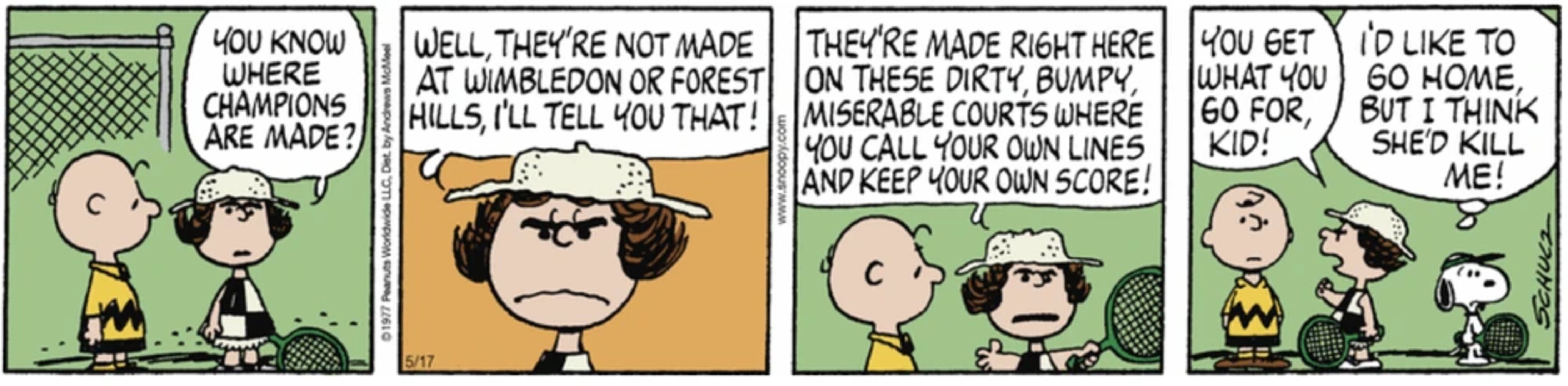 Peanut Strip: Molly Volley talking to Charlie Brown about winning champions.