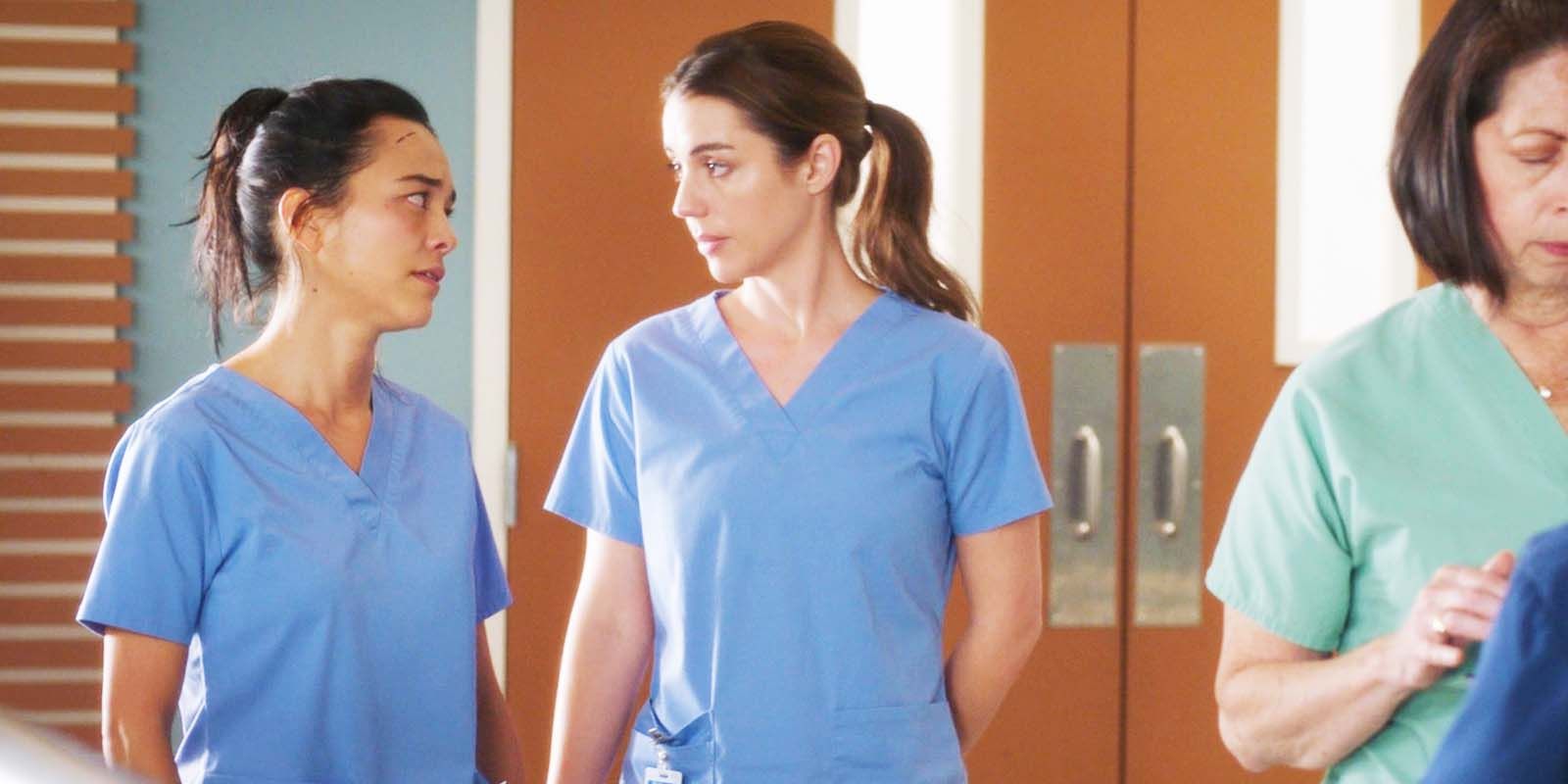 Midori Francis as Mika Yasuda and Adelaide Kane as Jules Millin in Grey's Anatomy season 21 episode 8-1