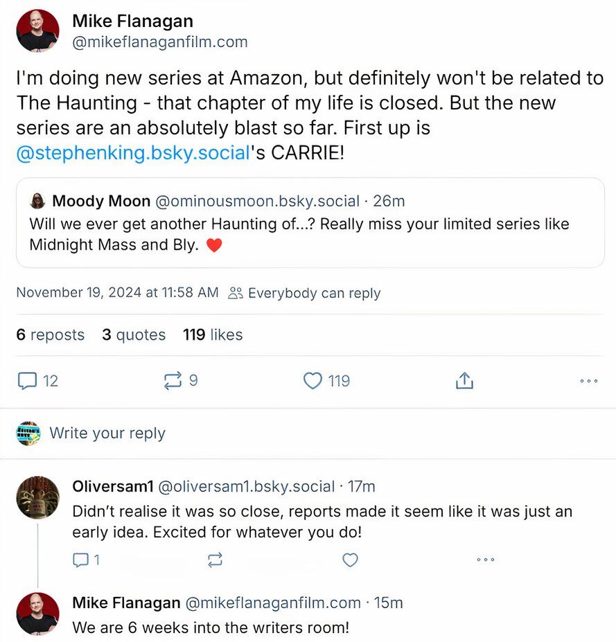 A screenshot of Mike Flanagan's Bluesky post providing an update on his TV show Carrie