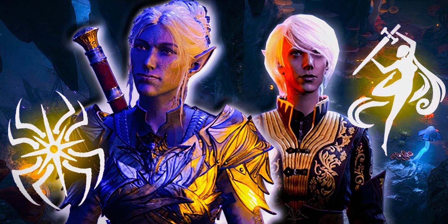 Minthara and a Half-Drow Over A Background Of The Underdark With The Lolth And Eilistraee Symbols