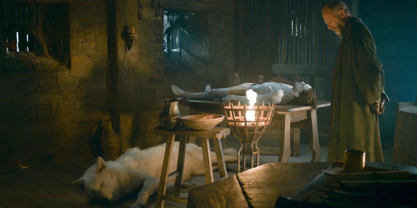 Davos, Ghost and Jon Snow's Body in Game of Thrones