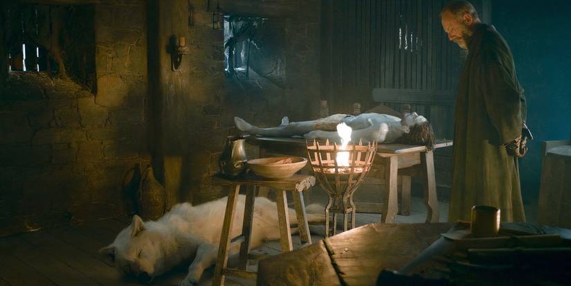 Davos, Ghost and Jon Snow's body in Game of Thrones
