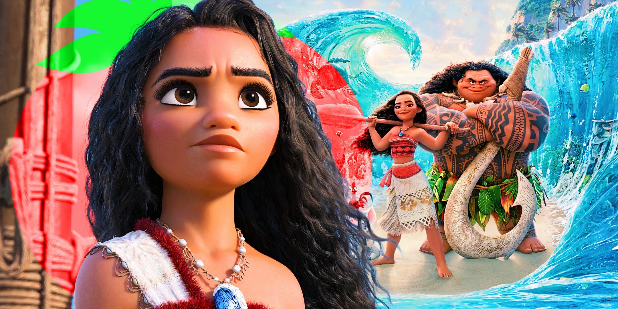 Moana in Moana 2 with Rotten Tomatoes logo and Moana 2016