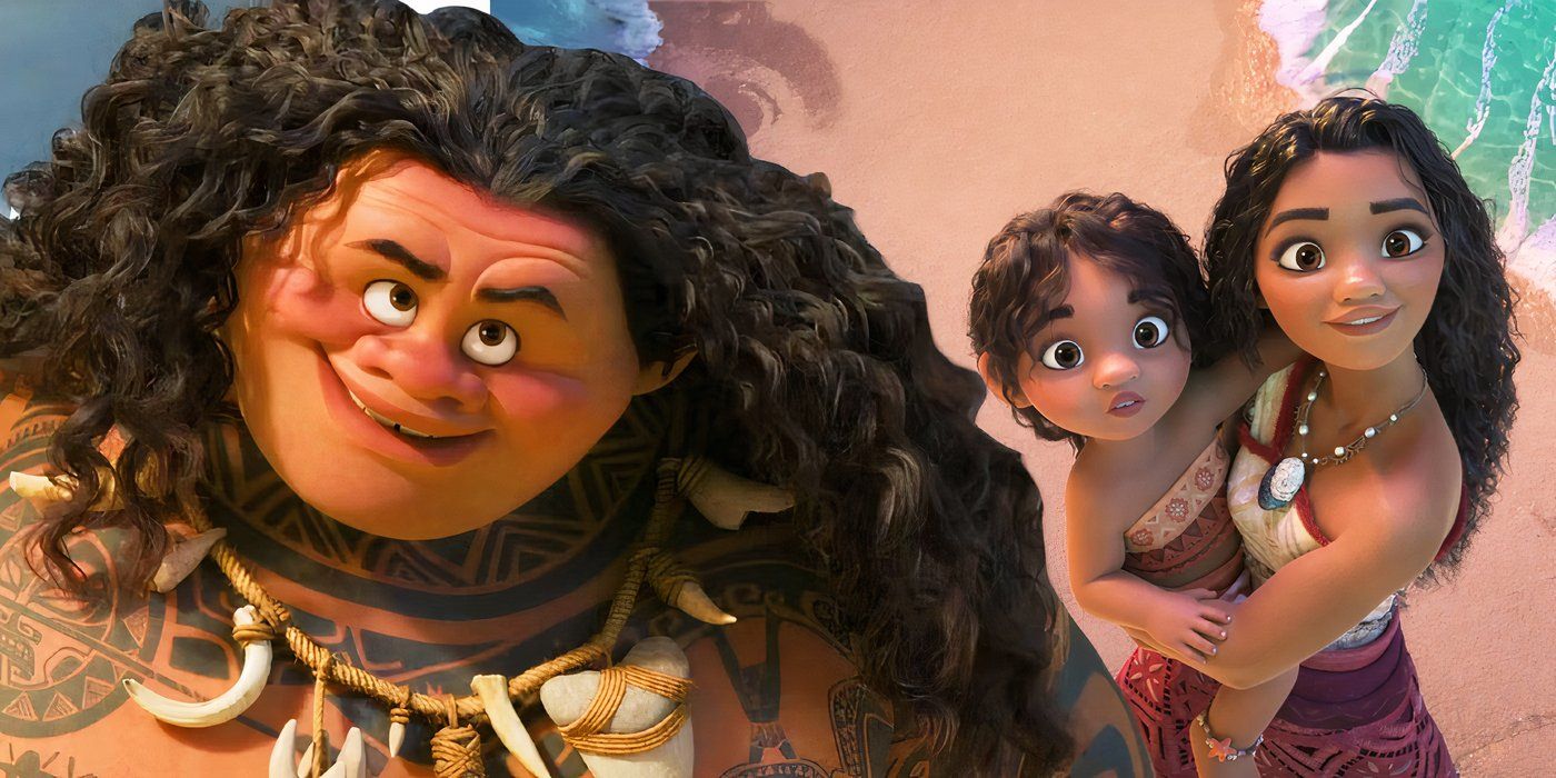 Imagen compuesta de Moana sosteniendo SIMEA y mirando detrás de Maui mientras sonríe descaradamente en Moana 2.