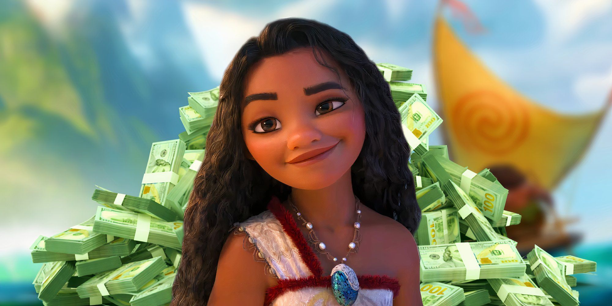 Moana smirking above a pile of dollar bills and a blurred image from Moana (2016)