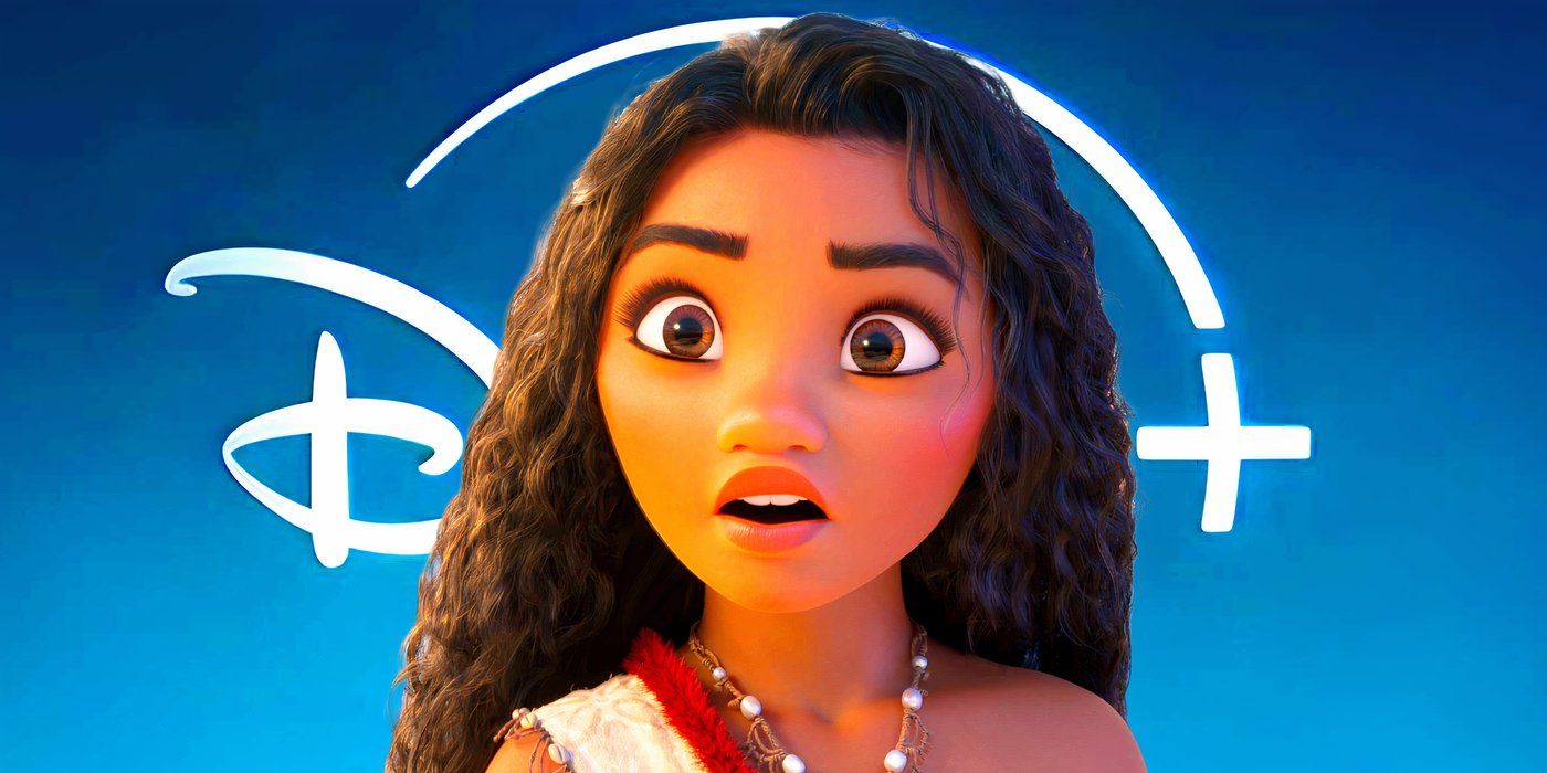 Moana looking shocked from Moana 2 in front of the Disney Plus Logo