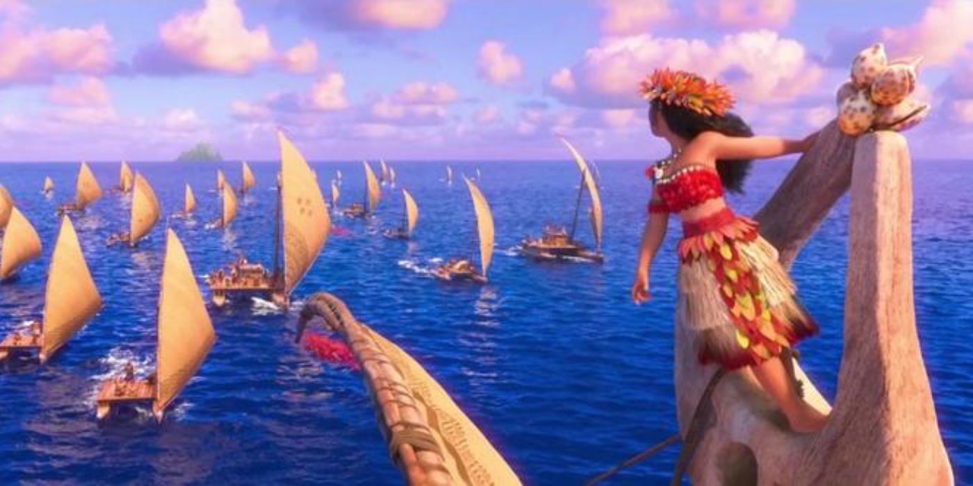 Moana com sua tribo no oceano