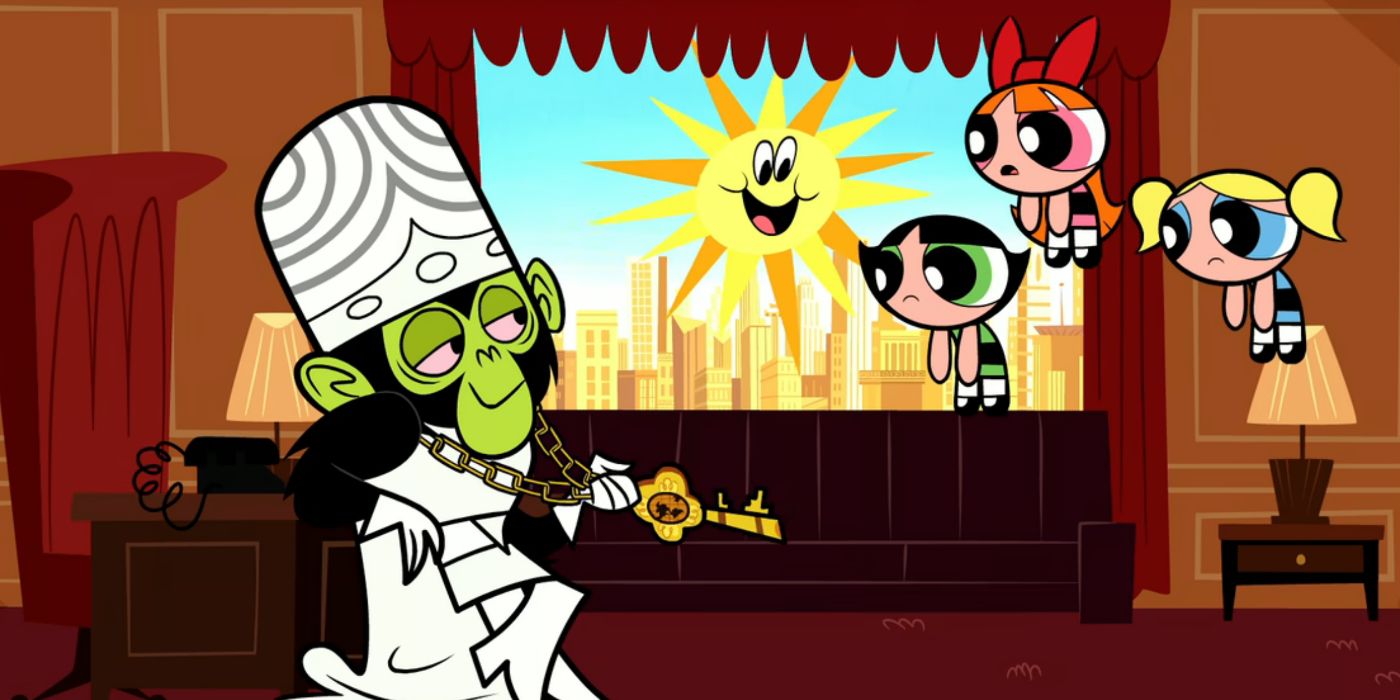 Mojo Jojo looks amusingly at a surprised Powerpuff Girls