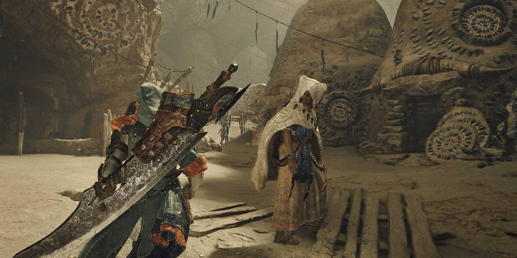 The player walking through a hub city in Monster Hunter Wilds.