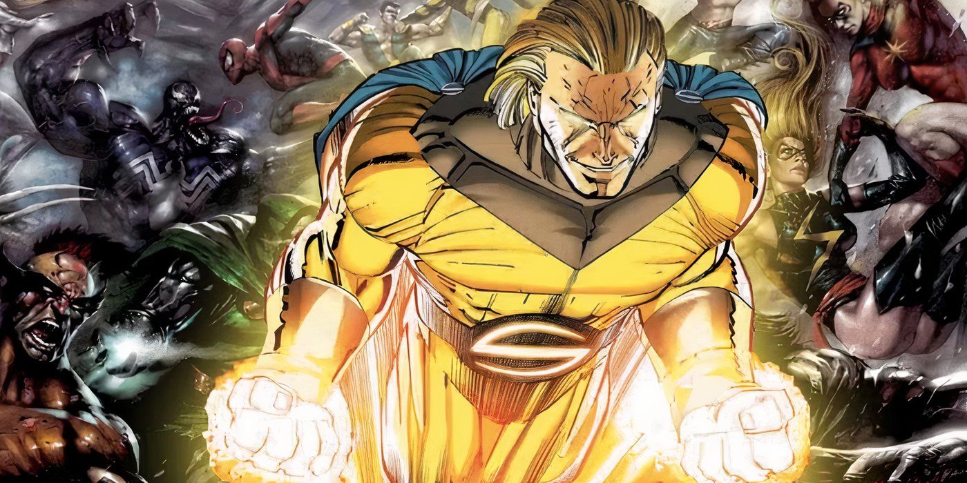 Marvel Comics' Sentry with other Marvel heroes and villains battling behind him.