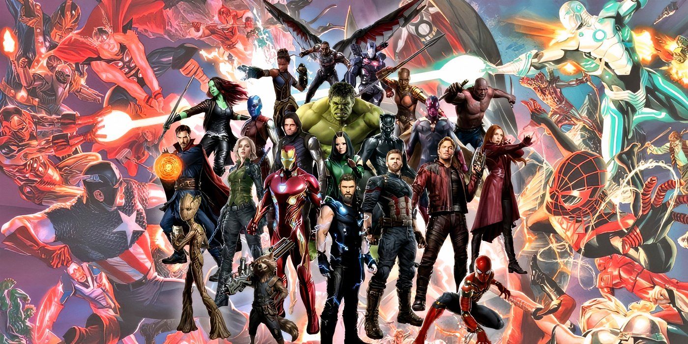 The MCU Avengers with Marvel Comics heroes and villains battling behind them.