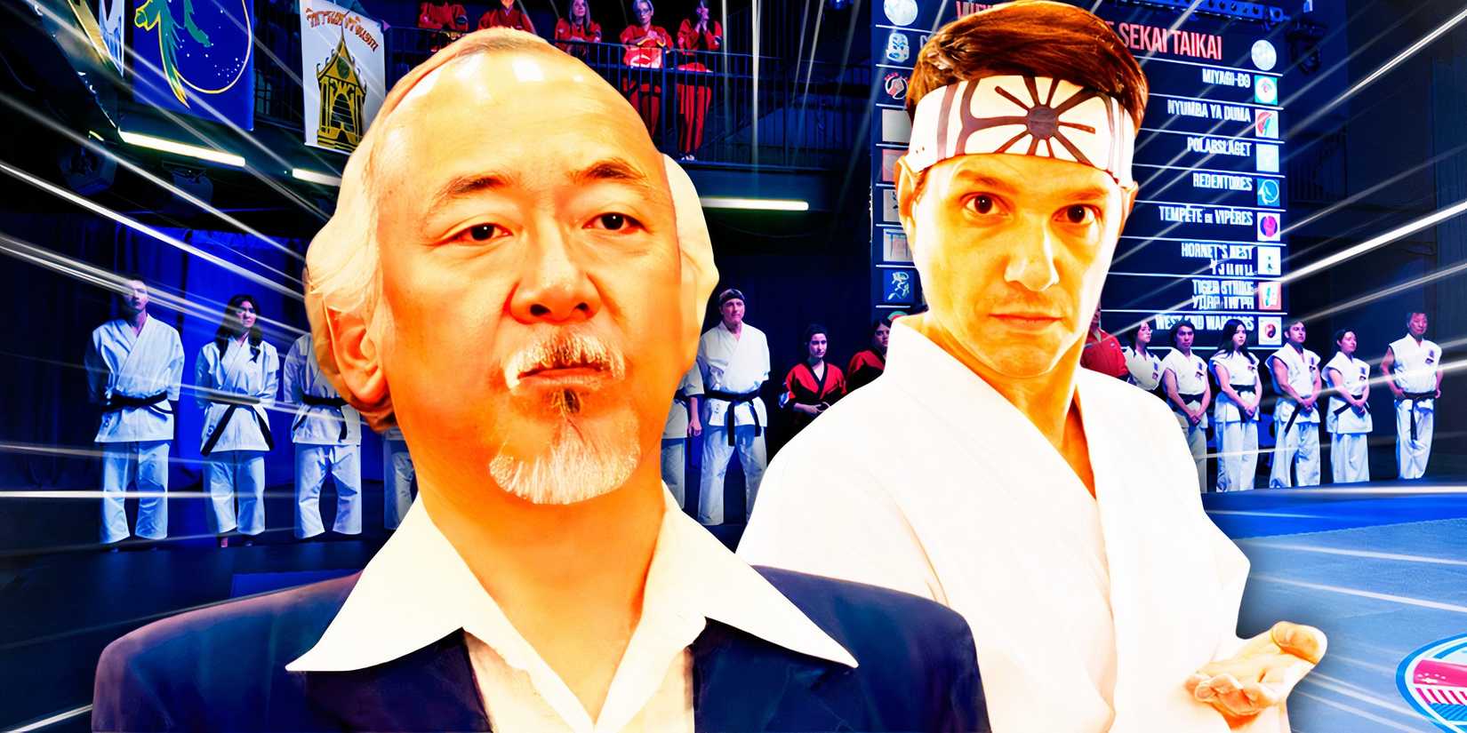 Mr. Miyagi in The Karate Kid, Daniel La Russo in Cobra Kai, and the Sekai Taikai tournament from Coba Kai behind them