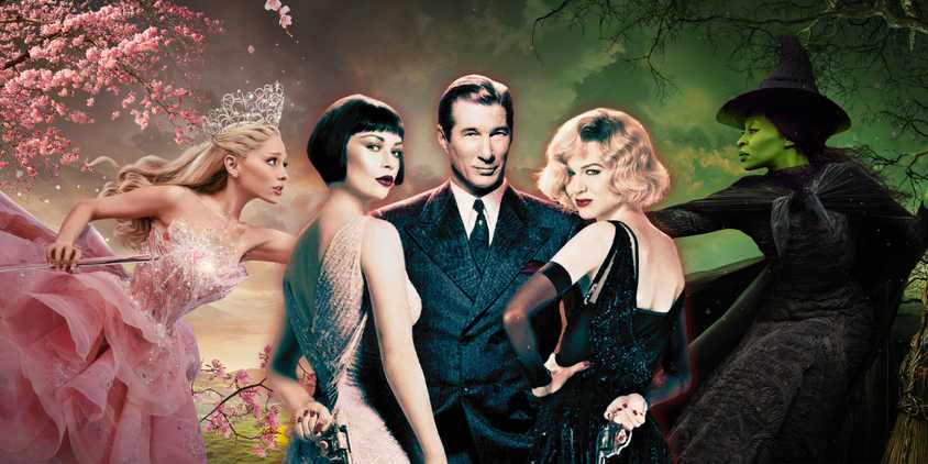 A blended image of cast members from the movie adaptations of Broadway musicals Wicked and Chicago