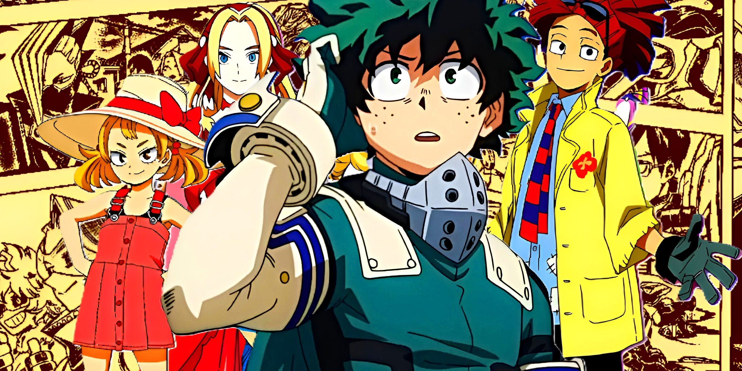 my hero academia deku with movie characters in front of manga panels