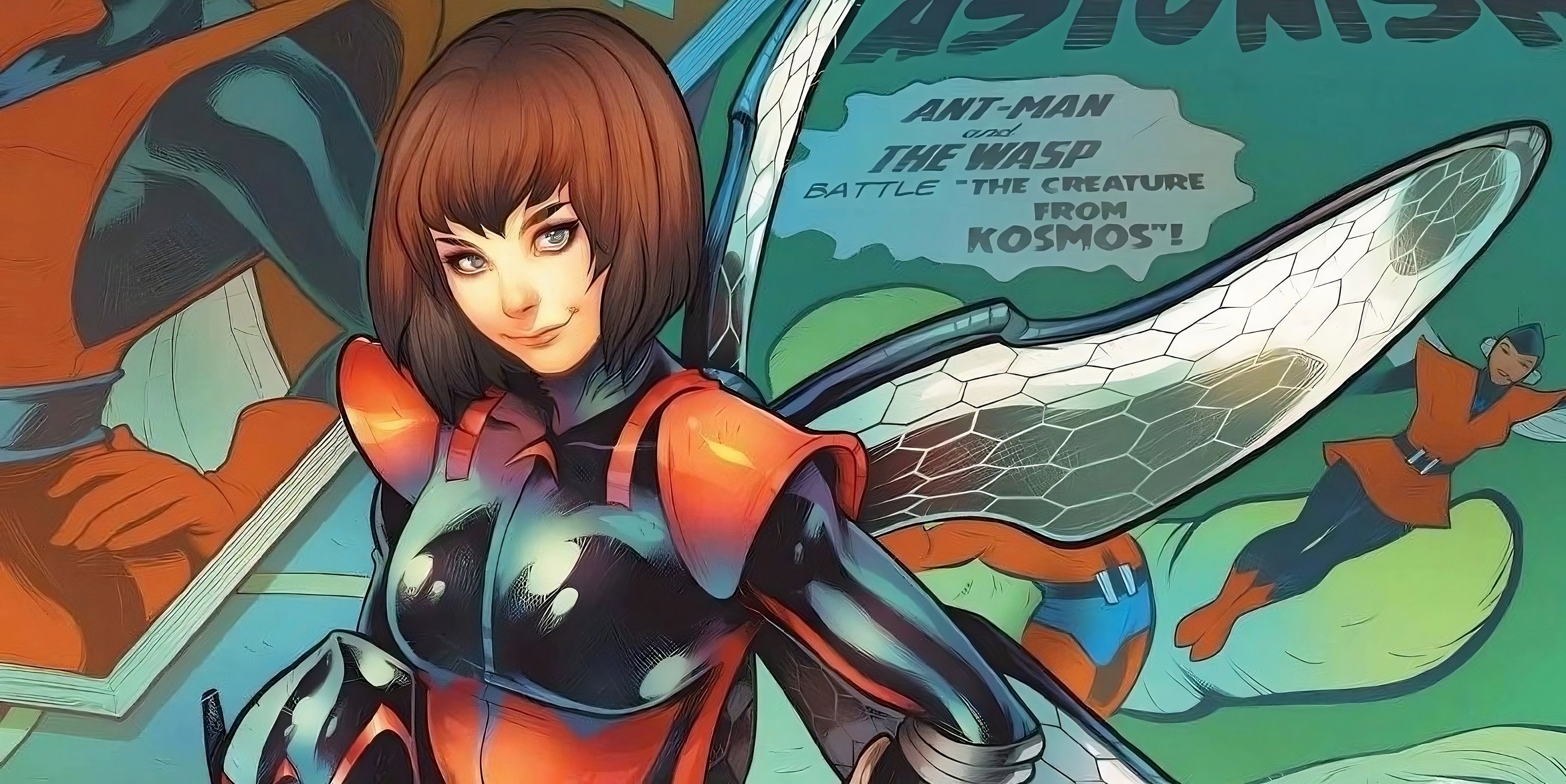 Nadia Van Dyne stands in front of comic cover of the Wasp.