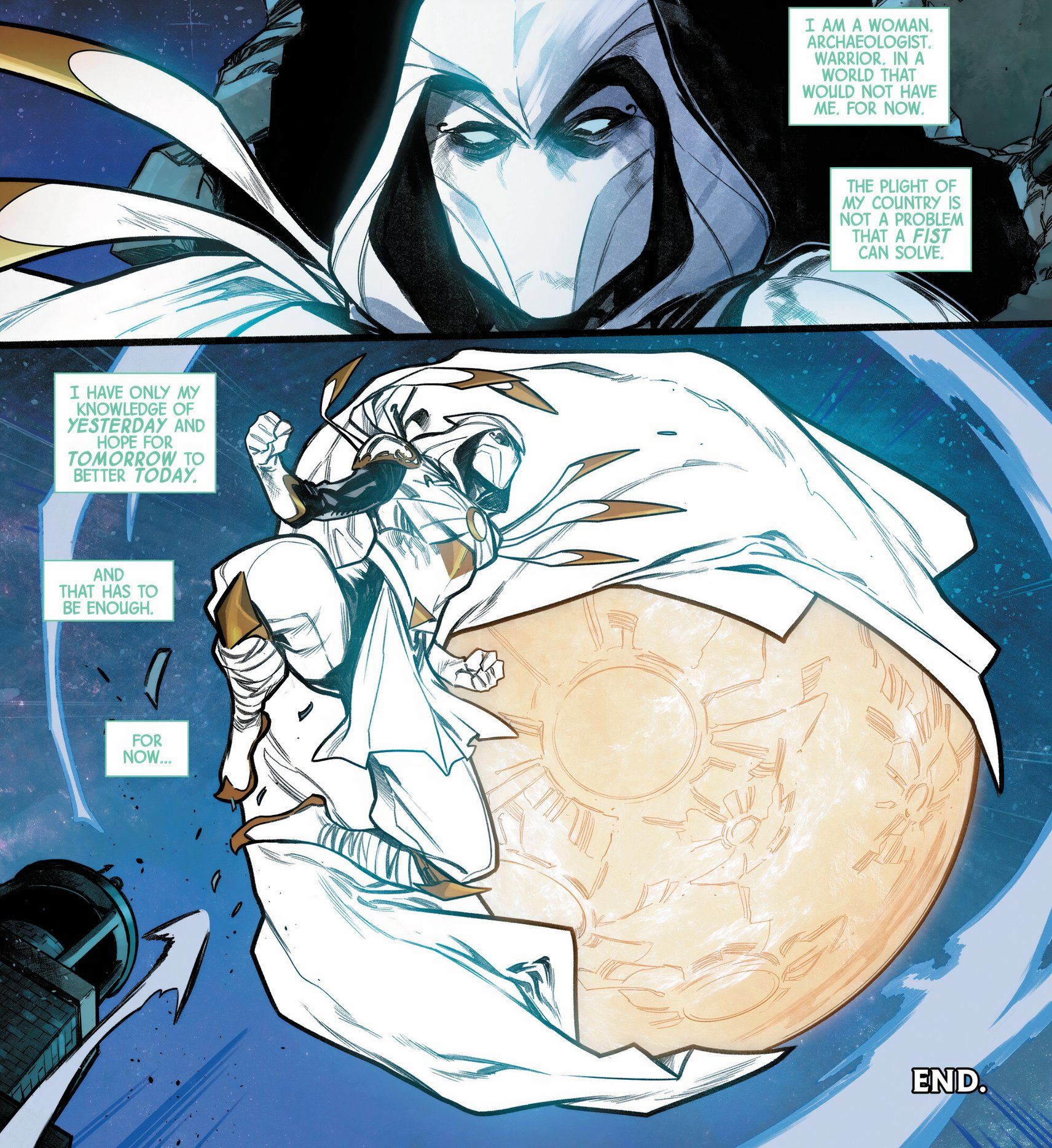 Painéis de quadrinhos: Moon Knight Nakia salta sob a lua cheia, sua capa aberta para formar uma lua crescente.