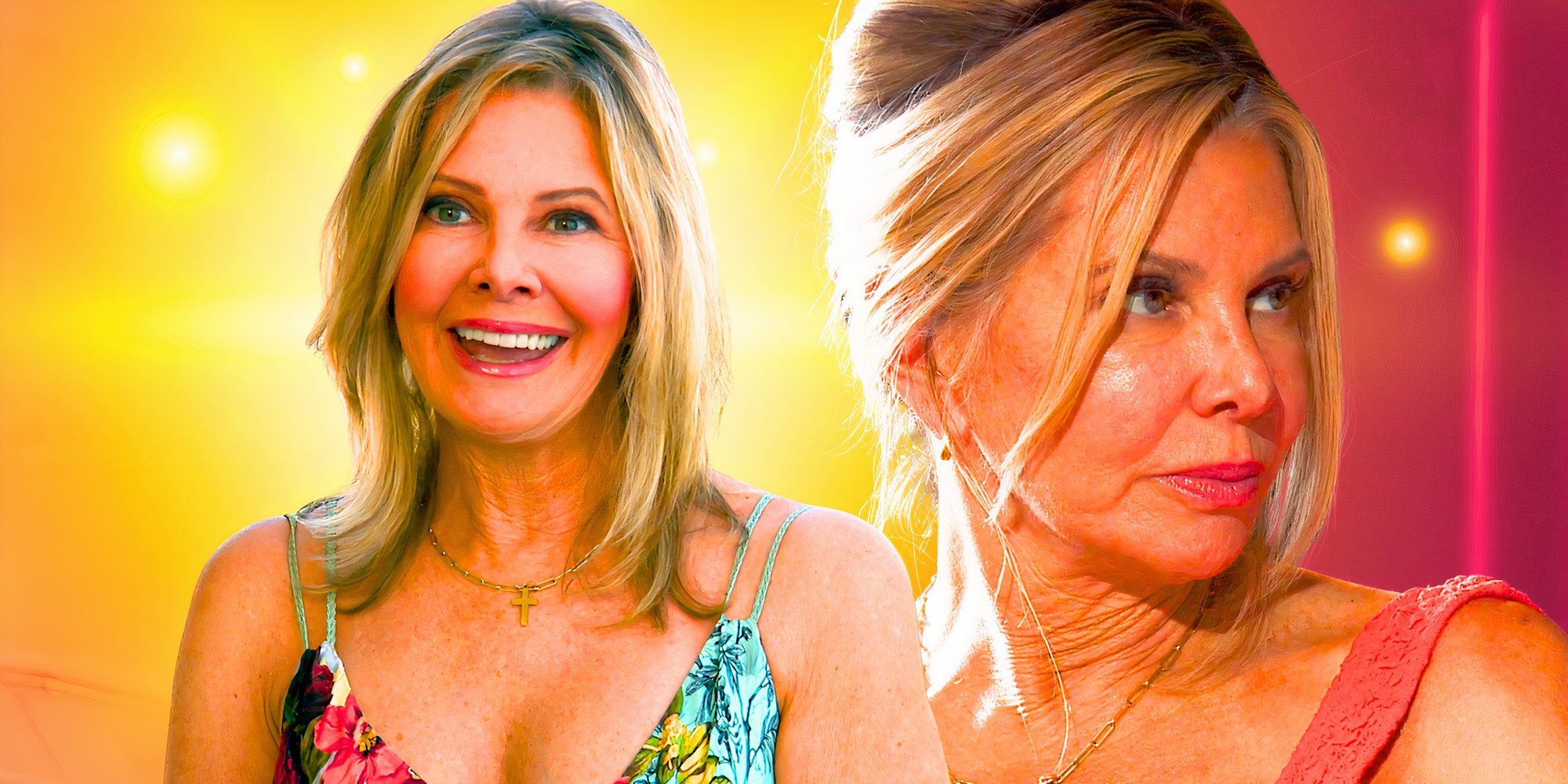 montage of Nancy Hulkower from the golden bachelor smiling in photo and looking mad in the other