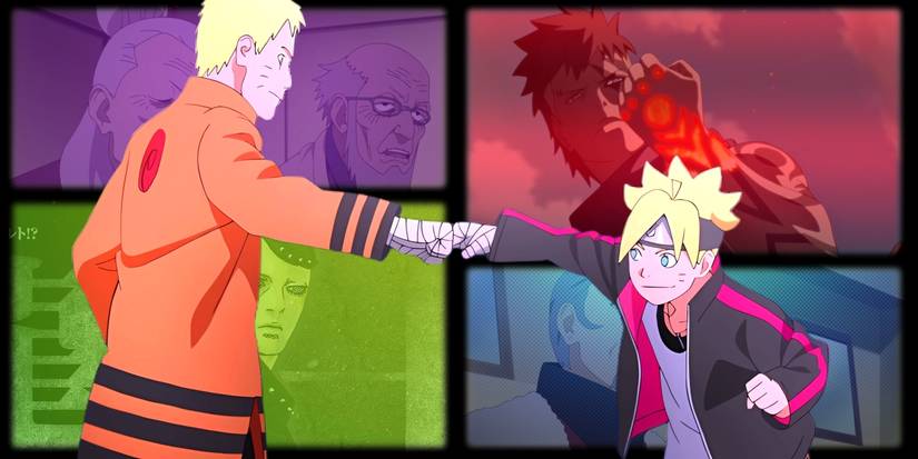 Naruto and Boruto fist bumping. Behind them their enemies can be seen. 