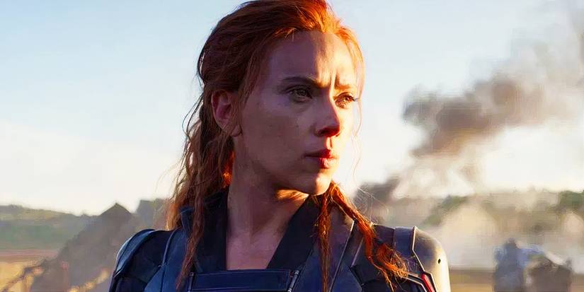 Natasha Romanoff (Scarlett Johansson) in front of wreckage in Black Widow