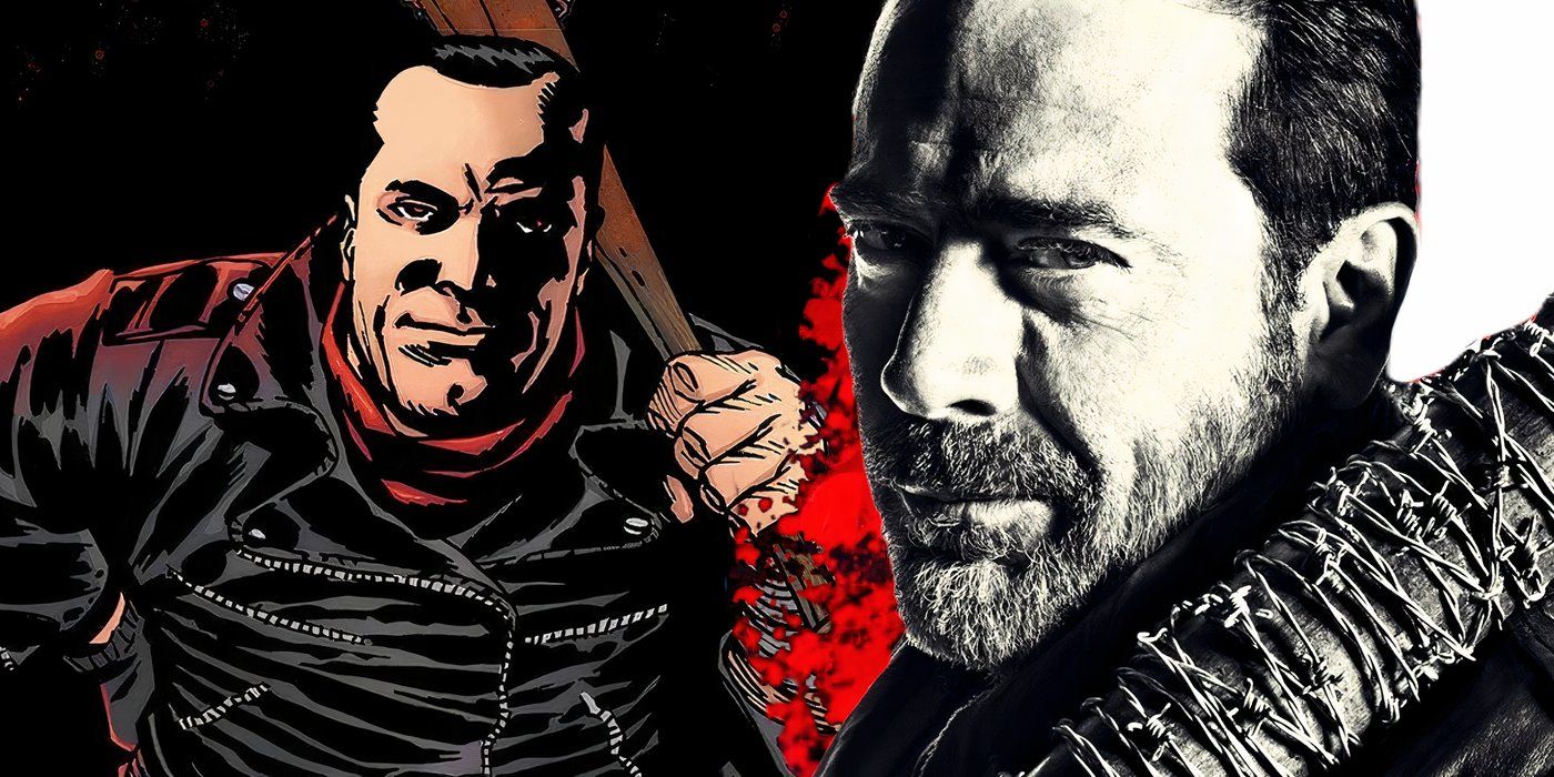 Negan from the Walking Dead comics on the left and live-action Negan on the right, both holding Lucille