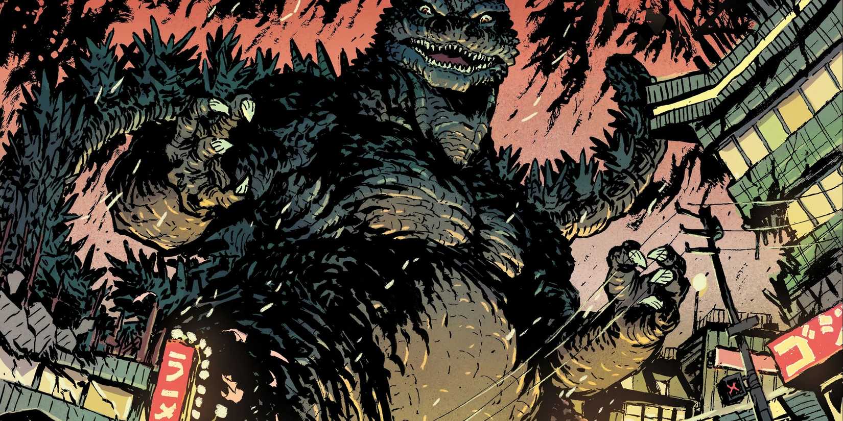 Comic book art: Godzilla wreaking havoc on a city, as seen from below.