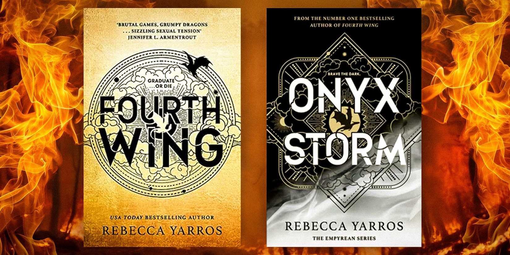 The covers of Fourth Wing and Onyx Storm by Rebecca Yarros against a fiery background