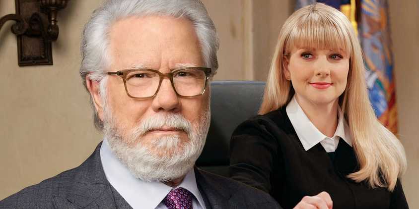 A composite image of Dan Fielding looking at the camera in front of Abby Stone smirking while looking to the side in Night Court