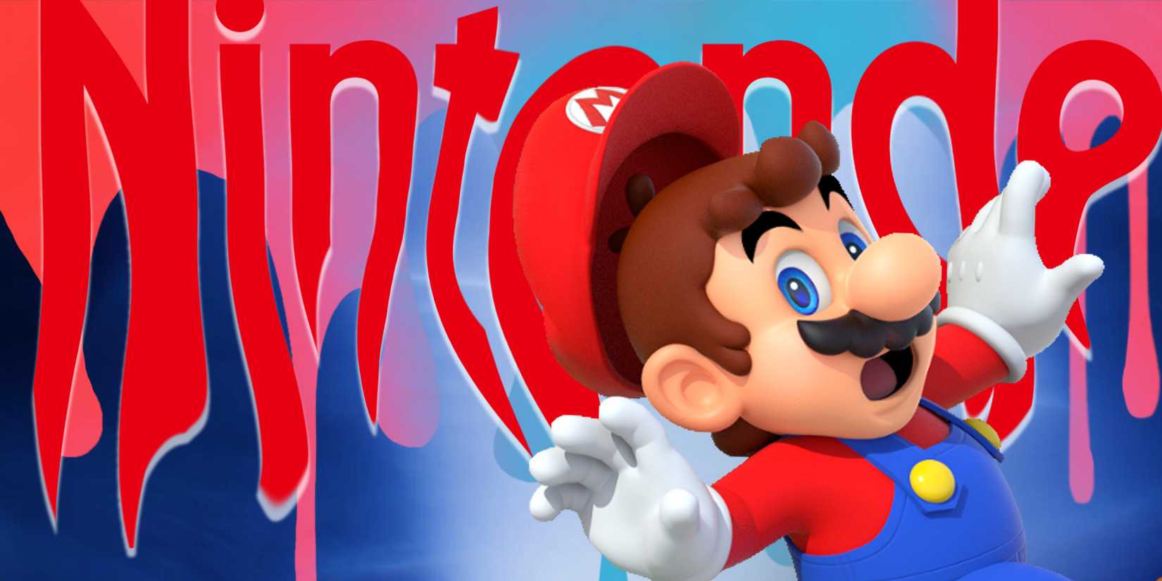Mario running scared, with the word "Nintendo" in the background, its letters running down the image.