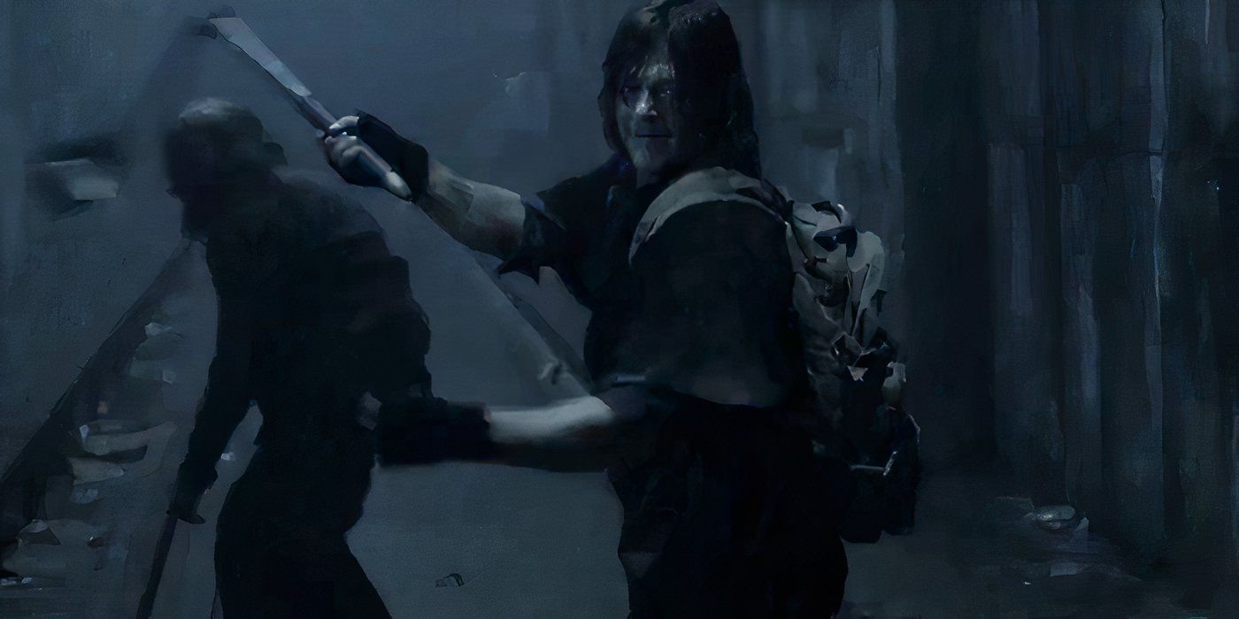 Norman Reedus jako Daryl Dixon używający cepa w The Walking Dead.