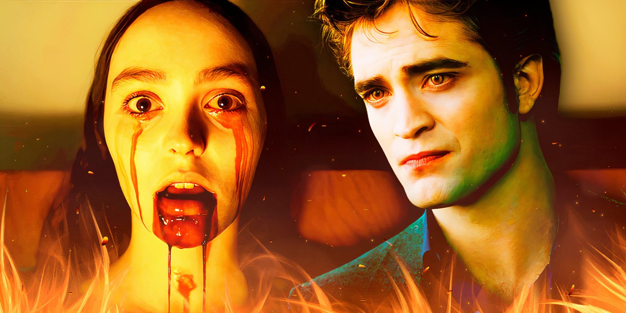 Nosferatu 2024 Lily-Rose Depp as Ellen Hutter and Robert Pattinson as Edward Cullen in Twilight