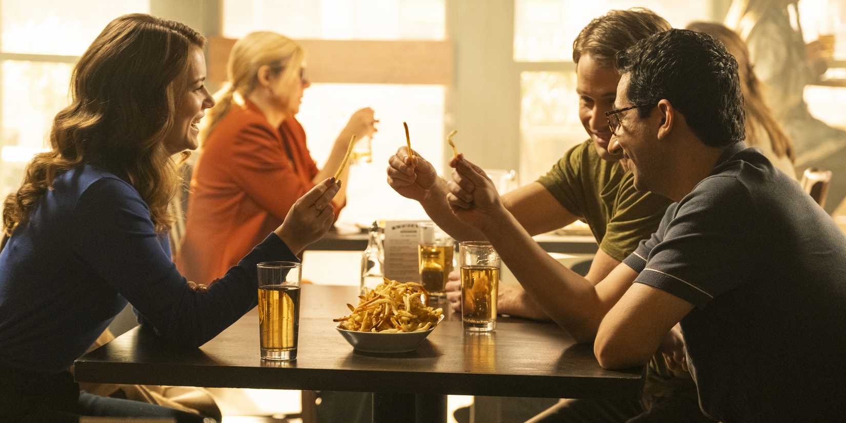 Molly Kunz as Phoebe, Max Lloyd-Jones as Simon, and Arash DeMaxi as Rizwan in The Irrational season 2.