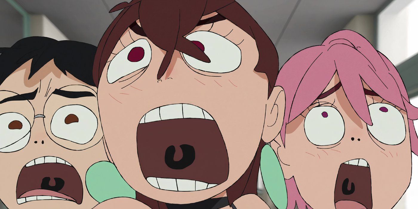 Okarun, Momo, and Aira screaming cartoonishly in Dandadan Episode #9