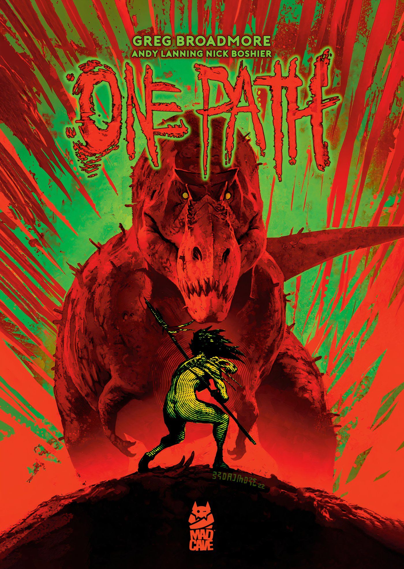 Na capa de One Path #1, o herói do livro segura uma lança e enfrenta um T-Rex.