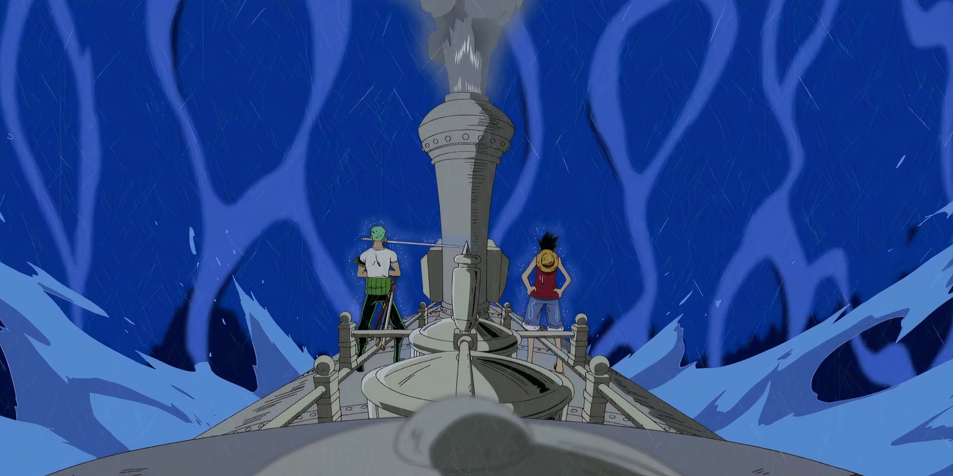 Captura de tela do episódio 257 do anime One Piece mostra Luffy e Zoro enfrentando uma onda gigante enquanto estão no topo do Sea Train.