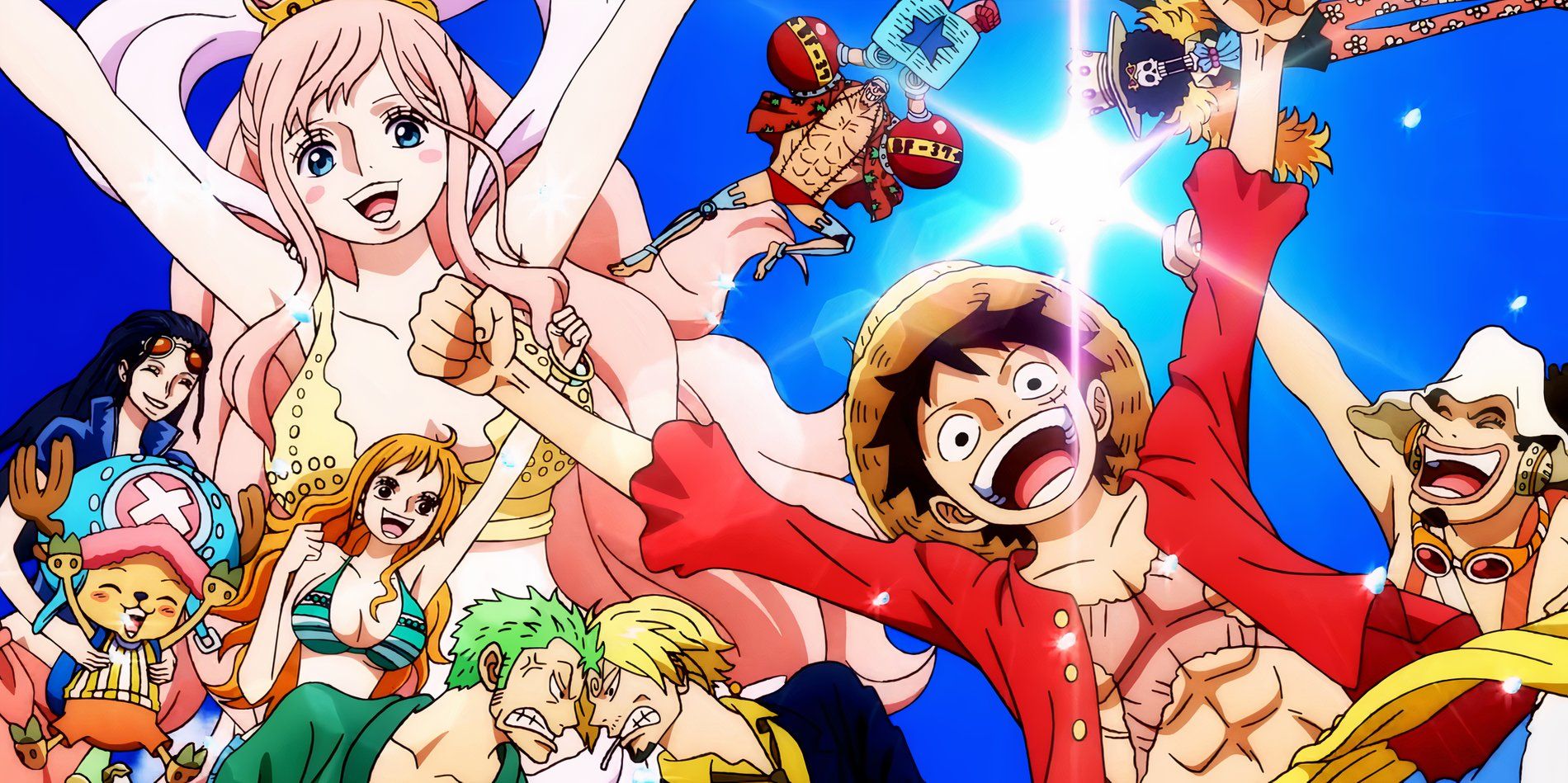 Screenshot from One Piece anime Fish-Man Island arc intro from the 2024 remaster featuring Luffy and the rest of the Straw Hat crew smiling with the mermaid princess Shirahoshi with the sun shining in the backround.