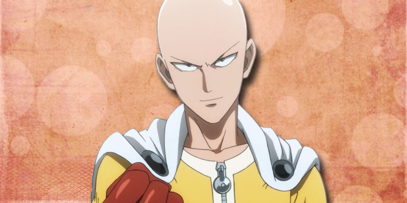 Saitama parece sério em um fundo laranja.