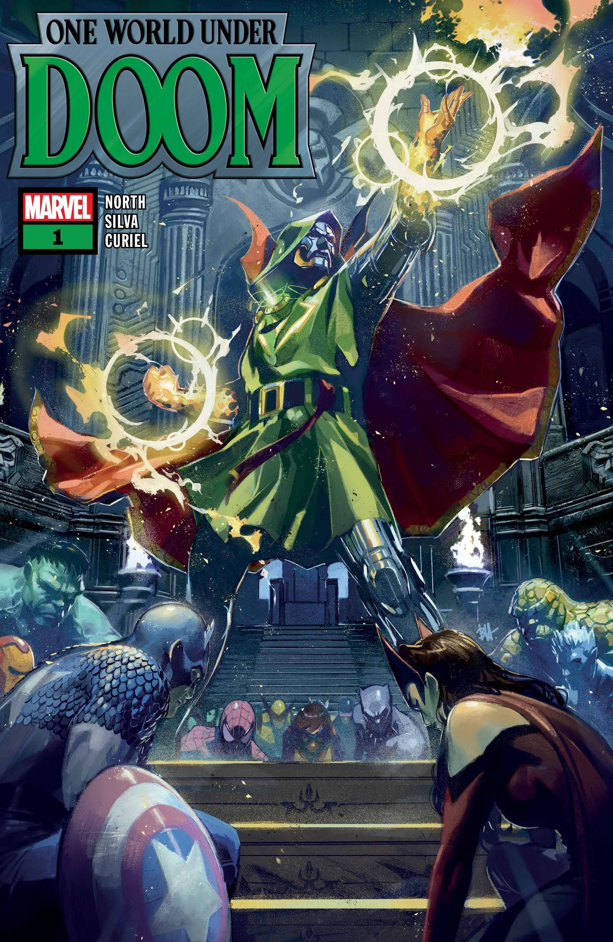 Capa de quadrinhos: Os Vingadores da Marvel e o Quarteto Fantástico se ajoelham na frente do Doutor Destino, que usa magia.