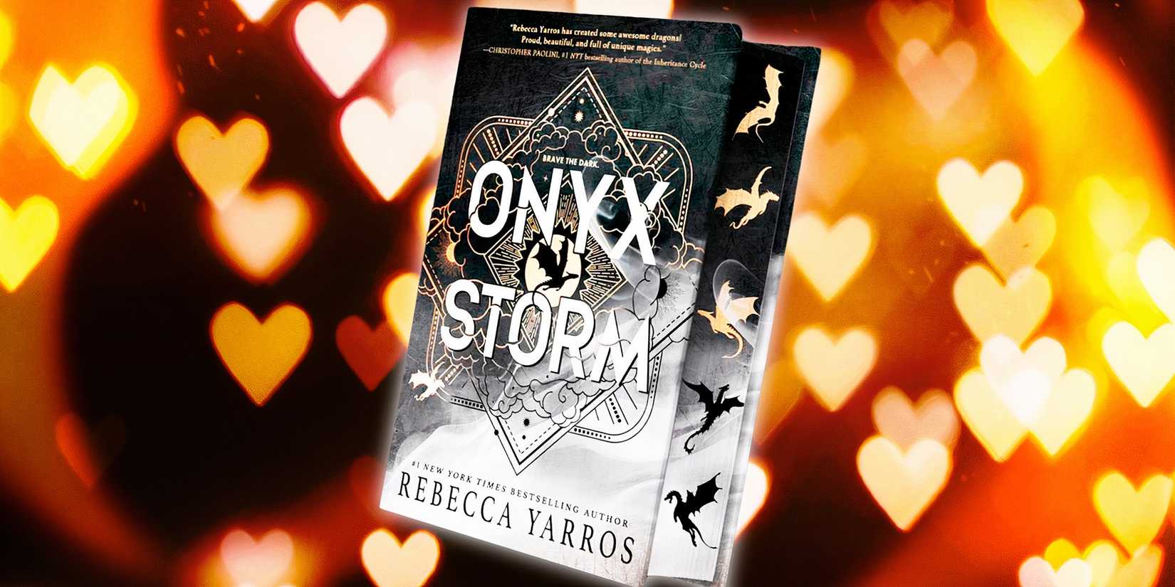 A custom image of Onyx Storm's cover with a gold and red heart-filled background. 