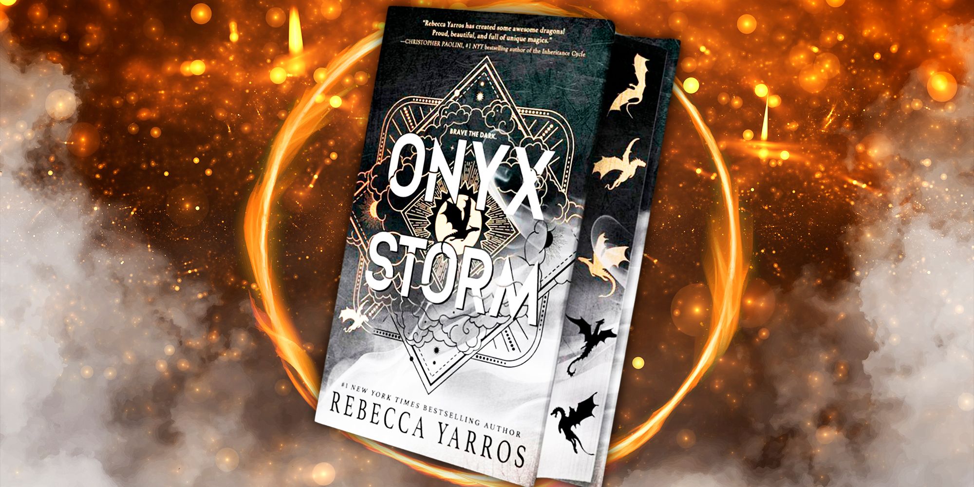 A custom image of Onyx Storm's cover with an orange flaming circle in the background. 