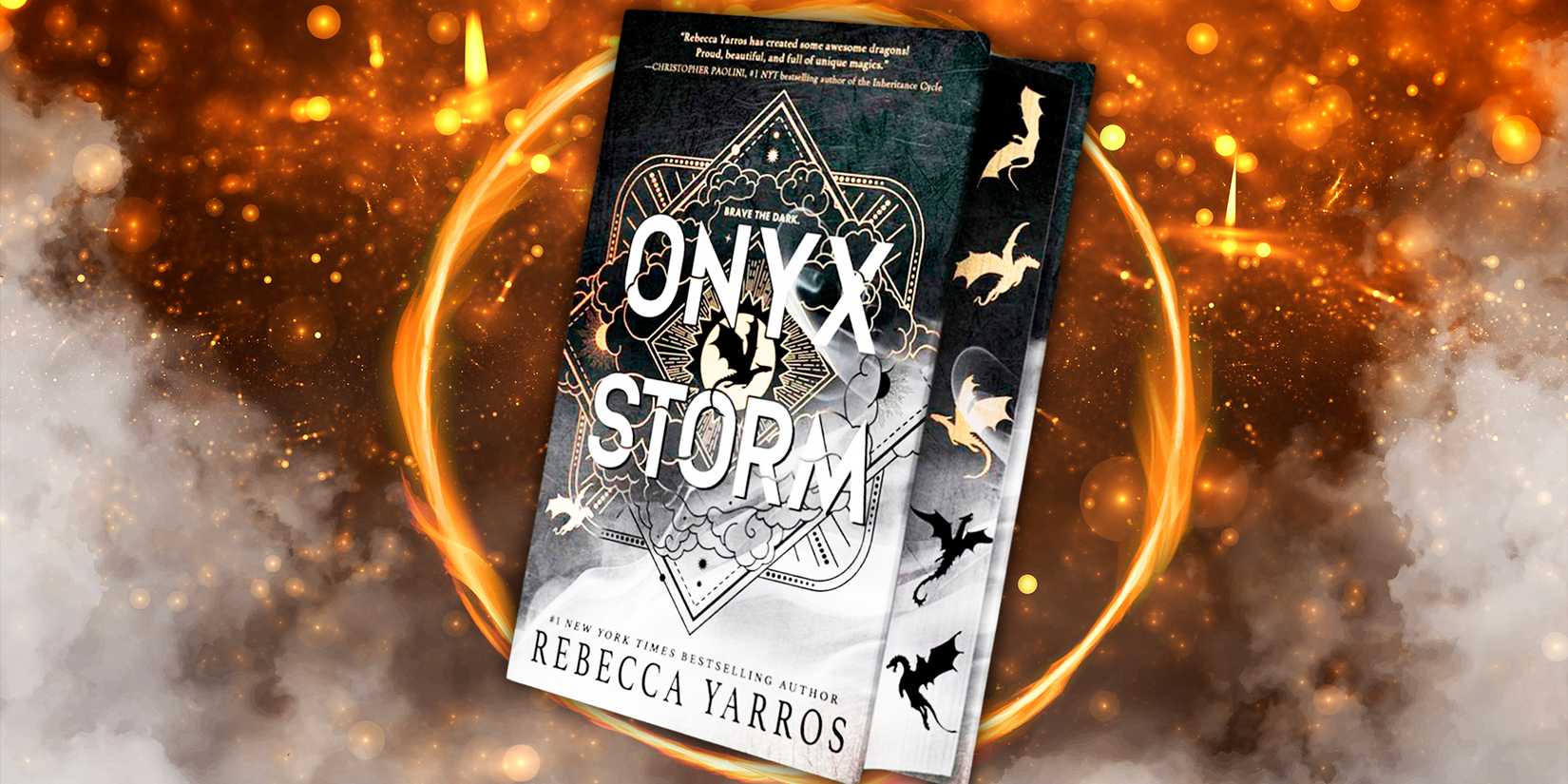 A custom image of Onyx Storm's cover with an orange flaming circle in the background.