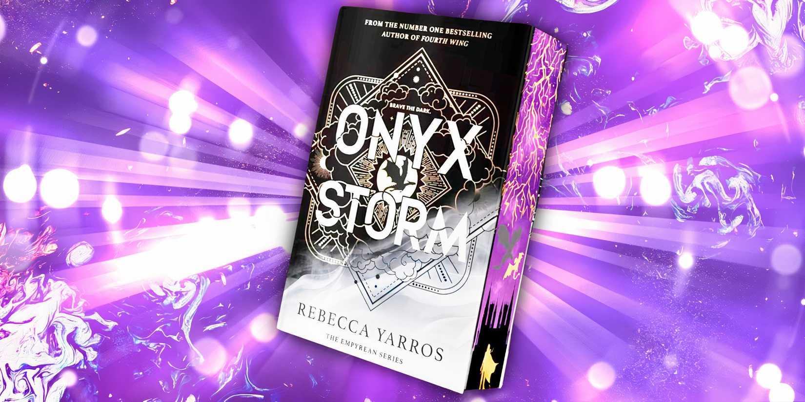 A custom image of the special edition of Onyx Storm with a smokey, light-filled purple background. 