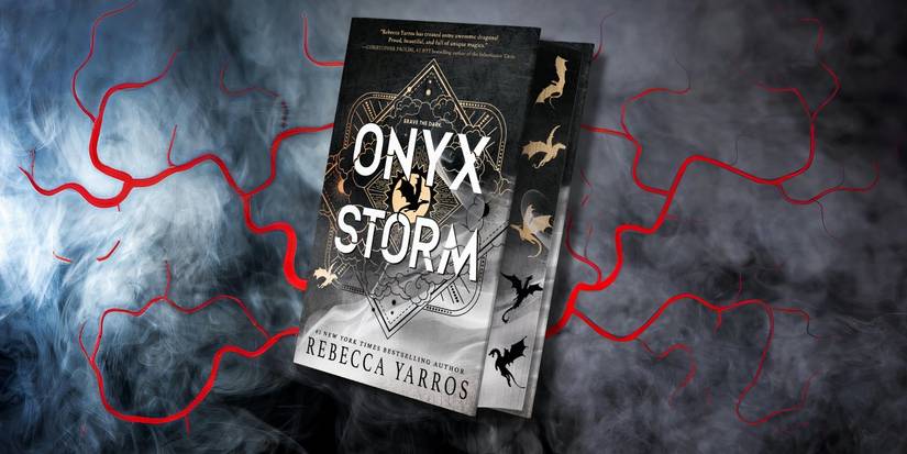 Onyx Storm by Rebecca Yarros on a smoky background with red veins