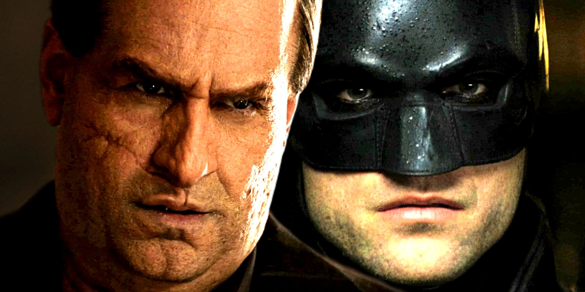 Oz Cobb looks serious in The Penguin and the Dark Knight looks at the camera in The Batman