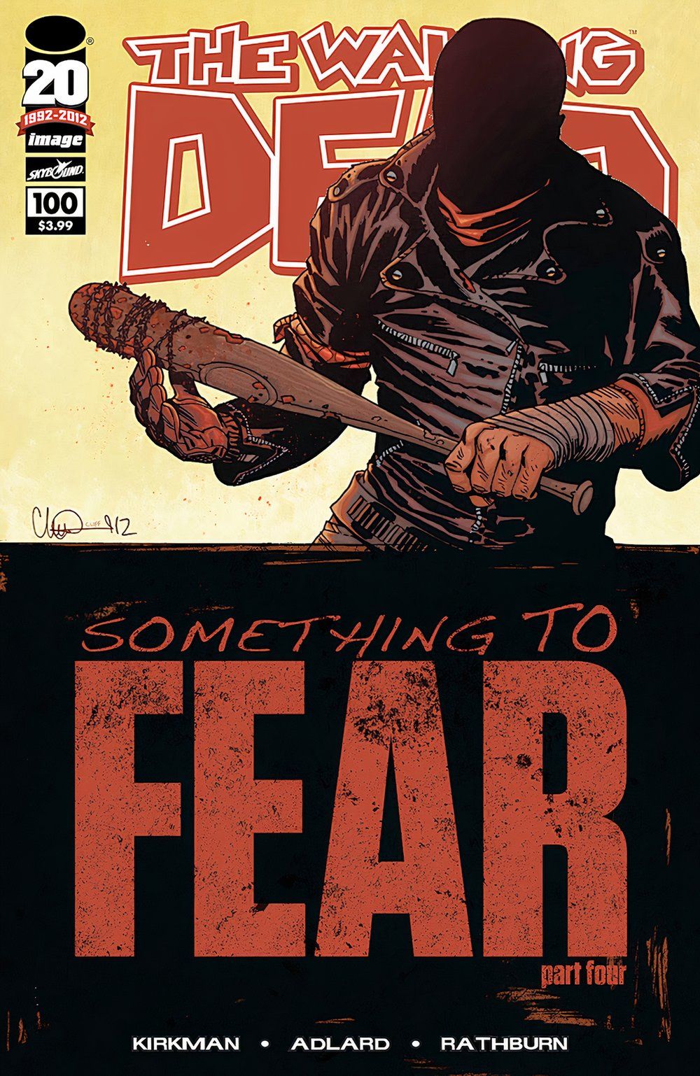 Silhouetted Negan holding a bloody bat on The Walking Dead #100 cover