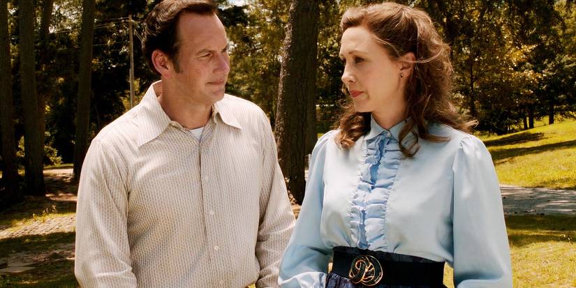 Patrick Wilson and Vera Farmiga as Ed and Lorraine Warren gazing at one another in The Conjuring The Devil Made Me Do It