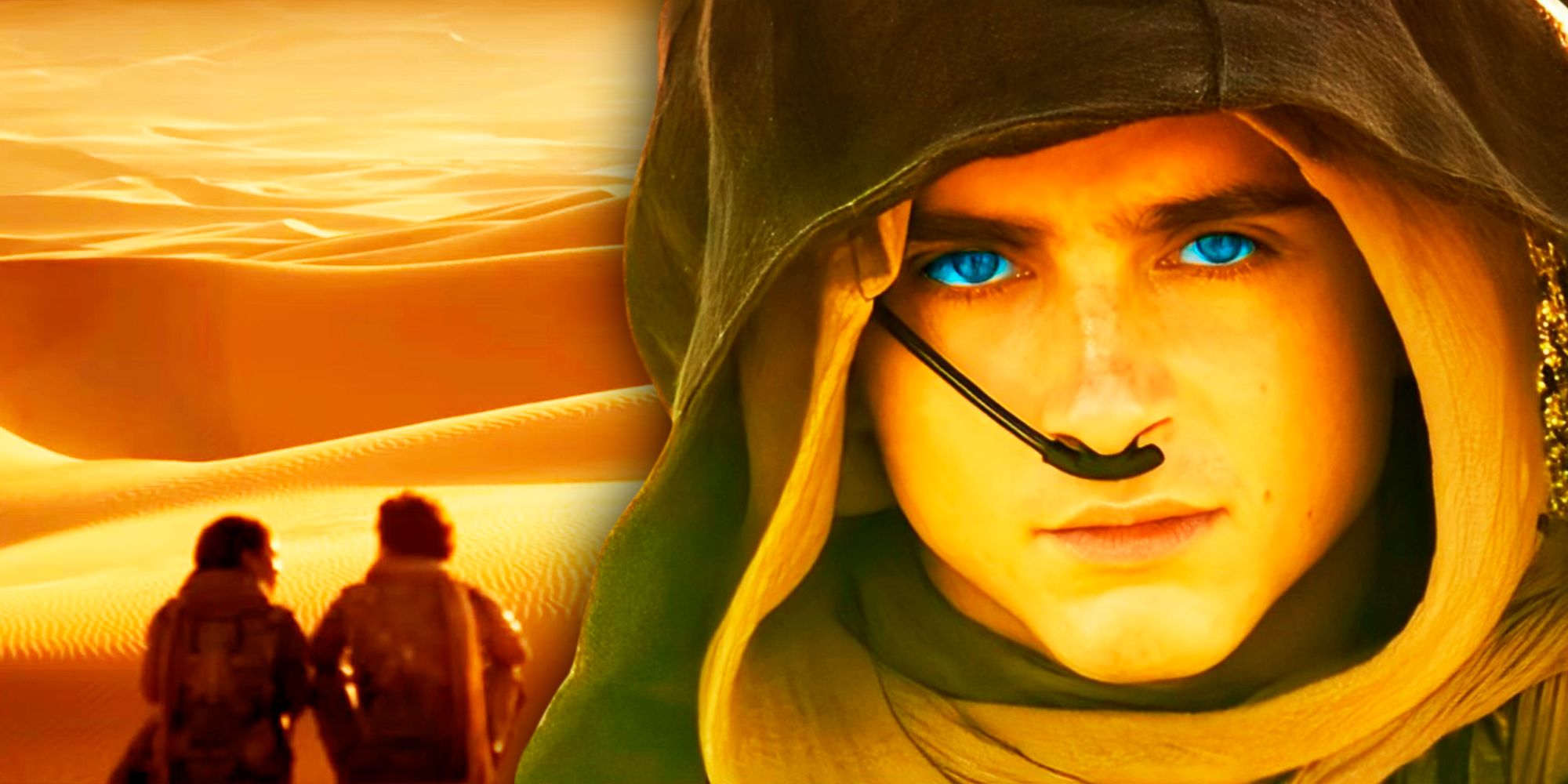 Paul Atreides with his blue eyes and Arrakis scenery in the background