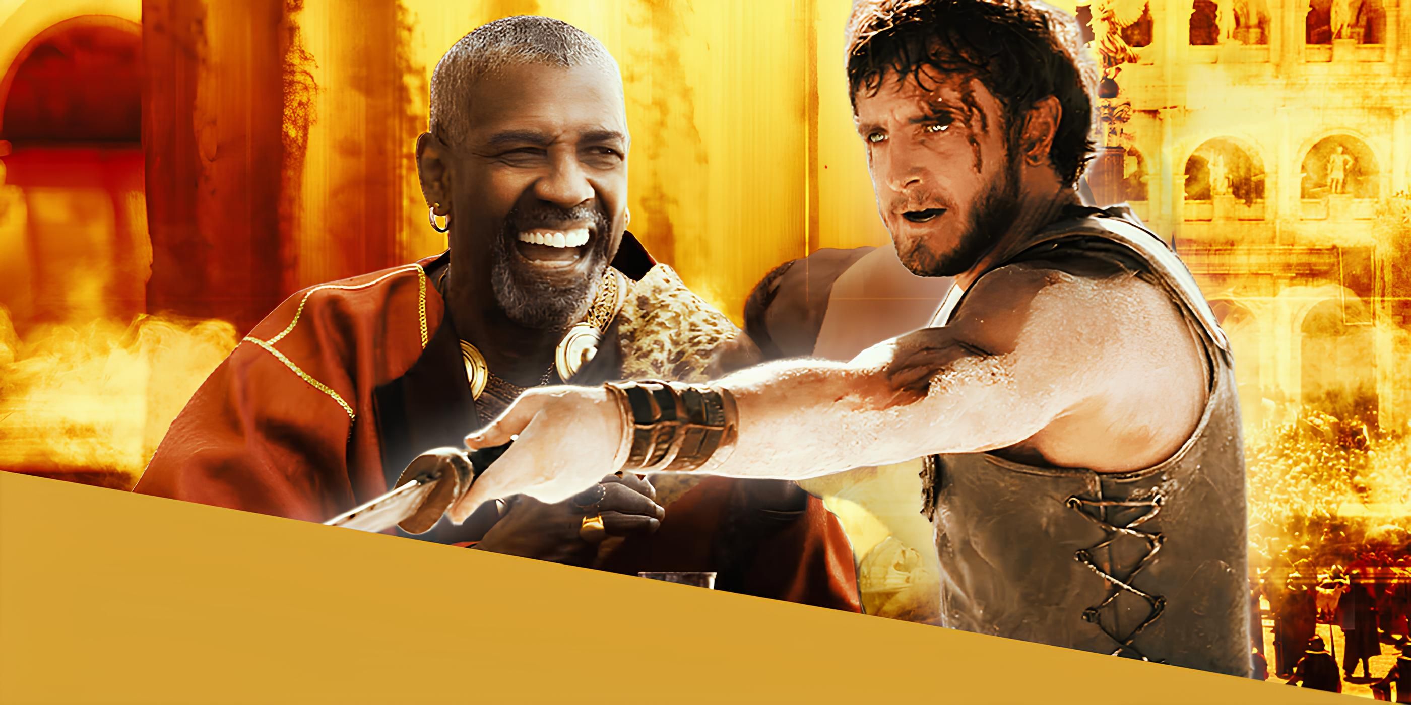 Paul Mescal holding a sword in Gladiator II and Denzel Washington smiling in Gladiator II