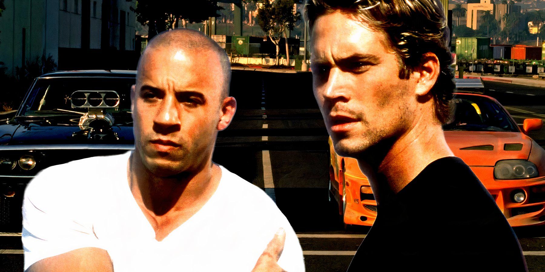 Paul Walker como Brian O'Conner e Vin Diesel como Dom Toretto ultrapassam o fundo de um carro em Velozes e Furiosos