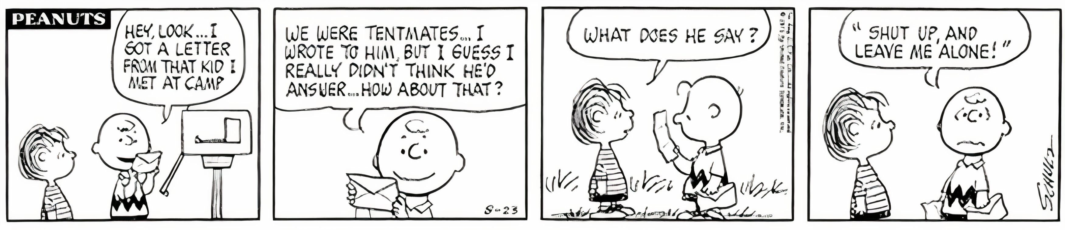 Peanuts, 23 de agosto de 1971, Charlie Brown recebe uma carta de Shut Up and Leave Me Alone