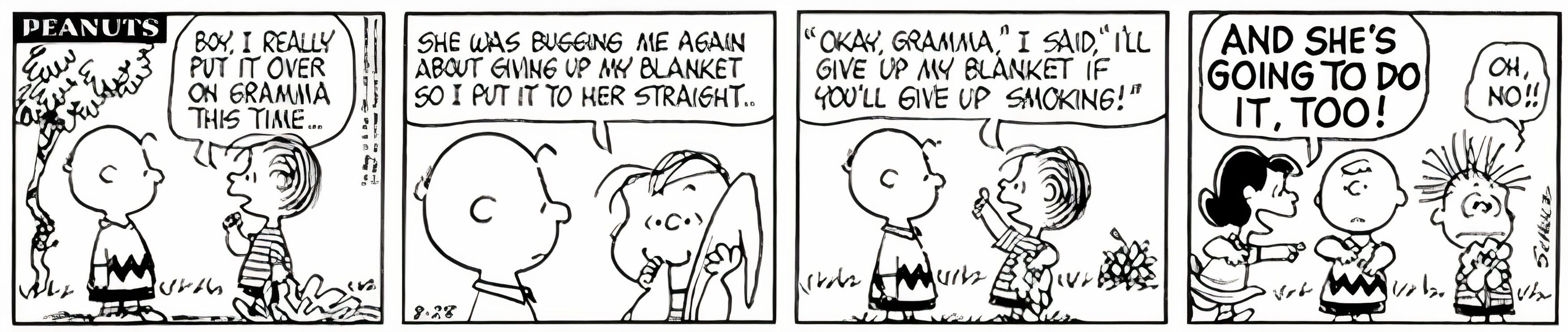 Peanuts, 28 de agosto de 1967, Linus acidentalmente concorda em desistir de seu cobertor se sua avó parar de fumar